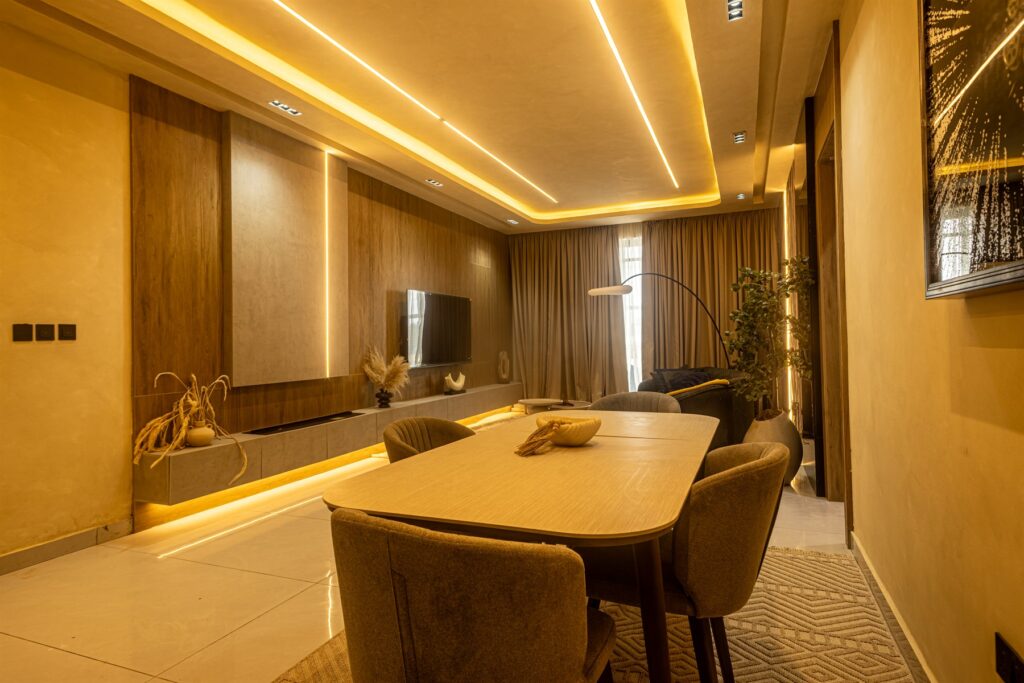 Brum Height 9: Open-plan dining and living area with recessed lighting